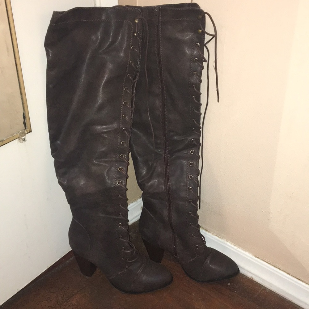 Thigh high lace heel boots